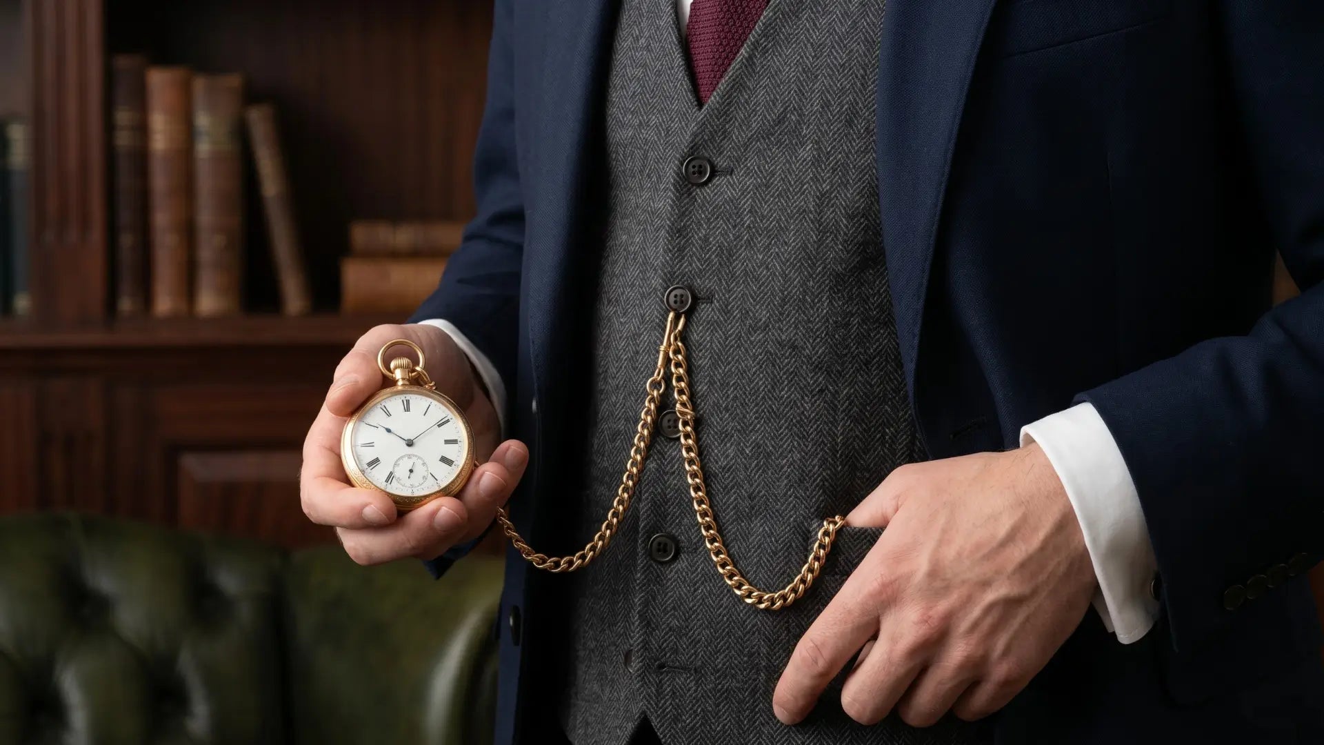A well-dressed man in a navy suit and tweed waistcoat holds a classic gold pocket watch and chain in a library, illustrating formal style. Image