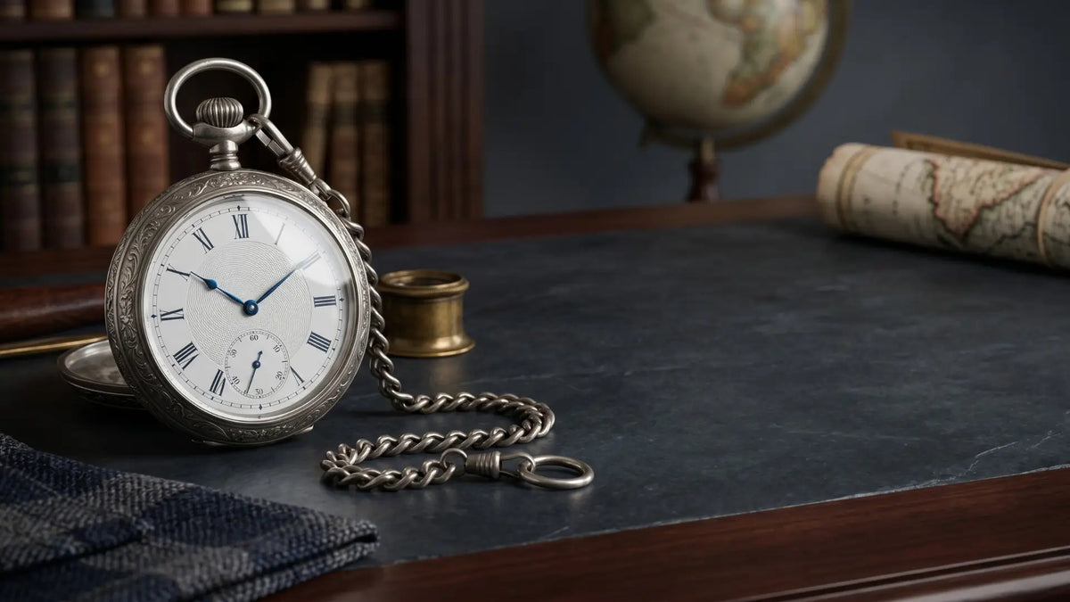 A substantial silver pocket watch and chain resting on a dark desk, accompanied by an antique map and globe in a classic study setting.