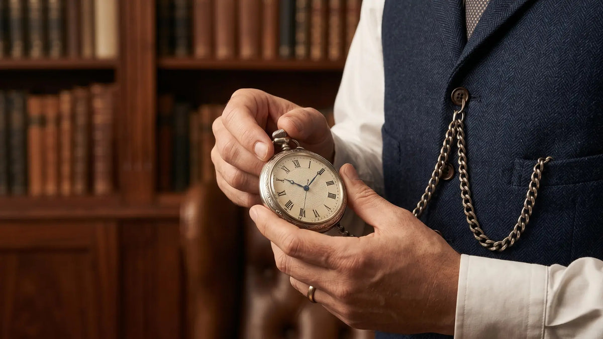 Close-up of a man in a navy waistcoat adjusting the time on a classic silver pocket watch with a chain, in a classic library setting.