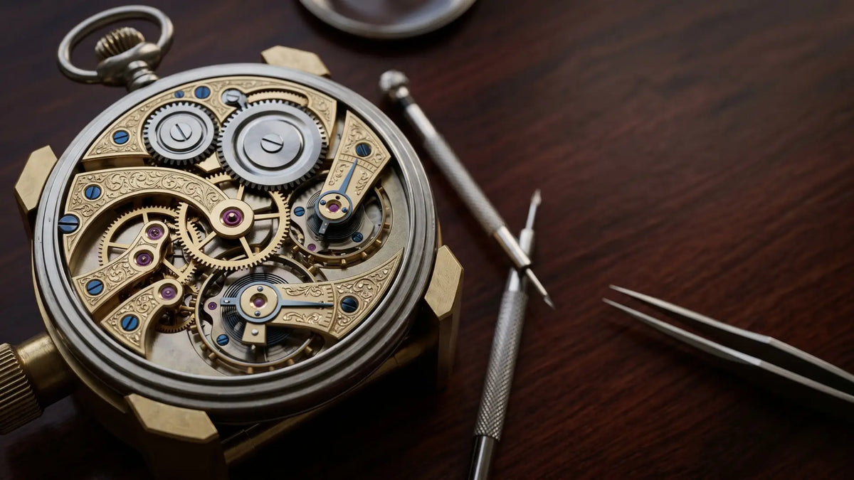 Macro shot of a disassembled pocket watch revealing intricate gold and silver mechanical gears alongside watchmaker tools on a dark wooden desk. Image