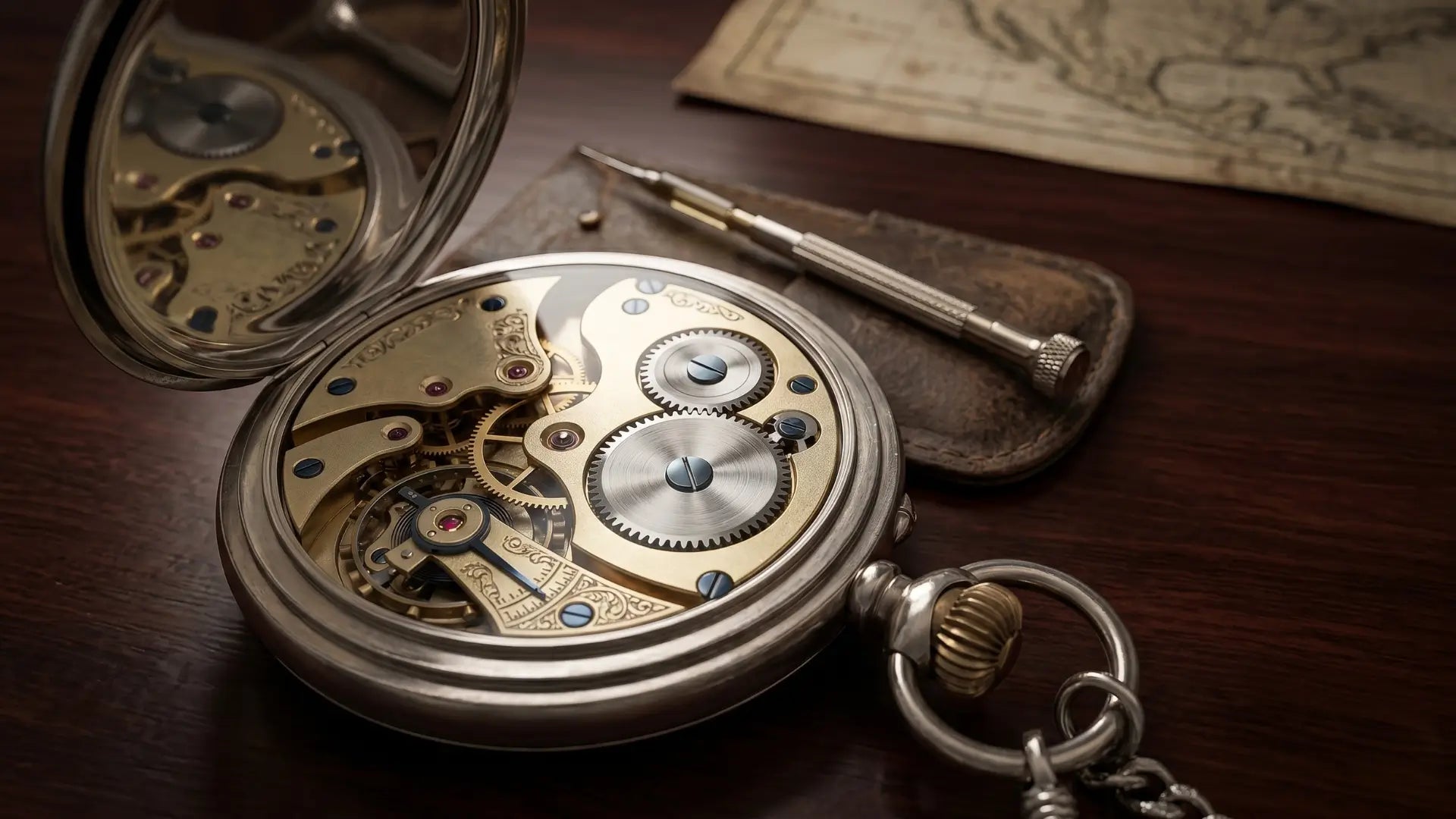 Close-up of an open pocket watch exposing intricate mechanical gears, resting on a dark wooden desk next to a watchmaker's tool. Image