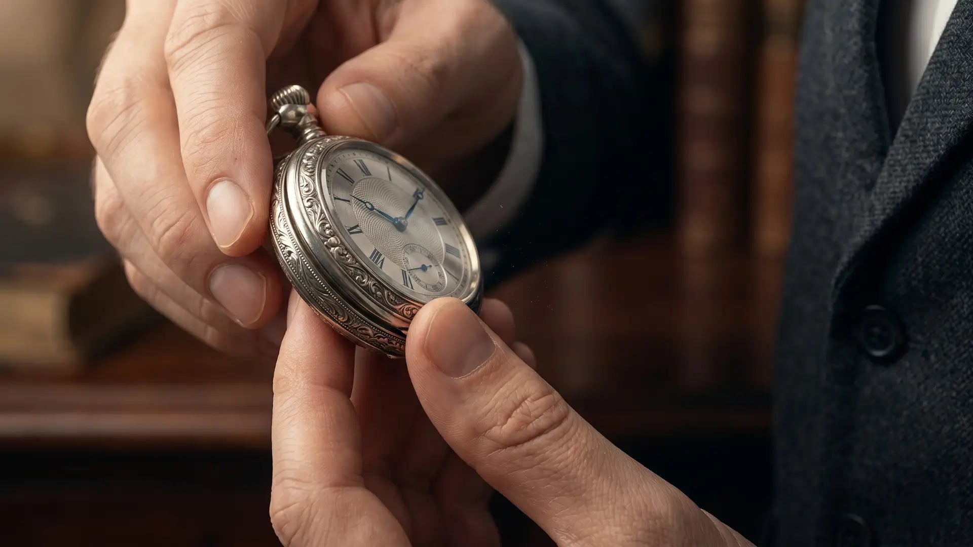 A man's hands in a suit jacket hold a highly detailed antique silver pocket watch. The background is a softly-blurred classic study with old books.