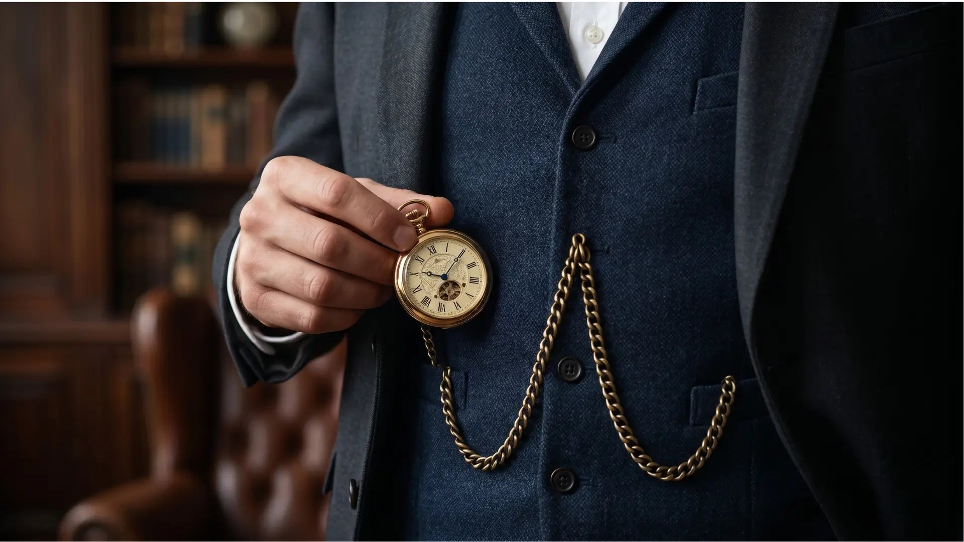 Close-up of a man wearing a classic gold pocket watch with a draped chain, styled with a tailored navy waistcoat and suit in a sophisticated library setting. Image