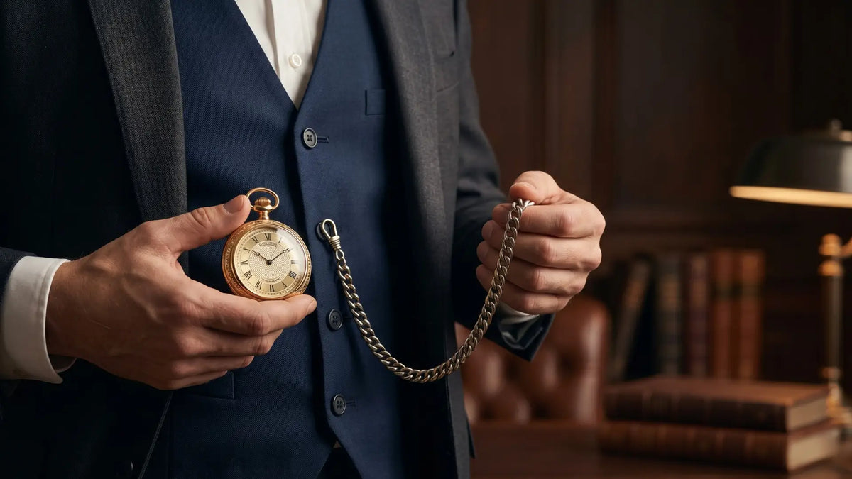 A man in a navy blue waistcoat holds a vintage gold pocket watch and extended chain against a background of bookshelves in a sophisticated library.