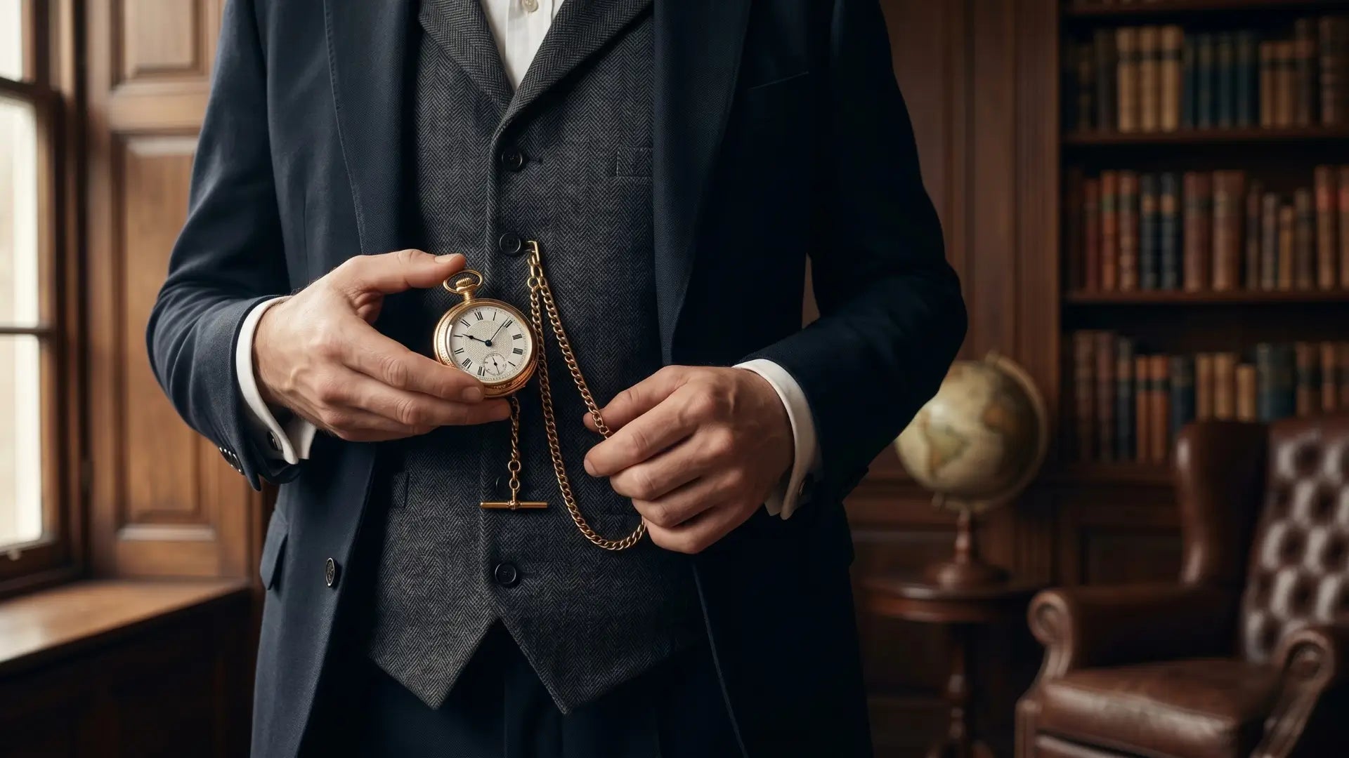 Close-up of a man wearing a waistcoat and suit, holding an antique gold pocket watch with its chain draped. The background is a classic library.