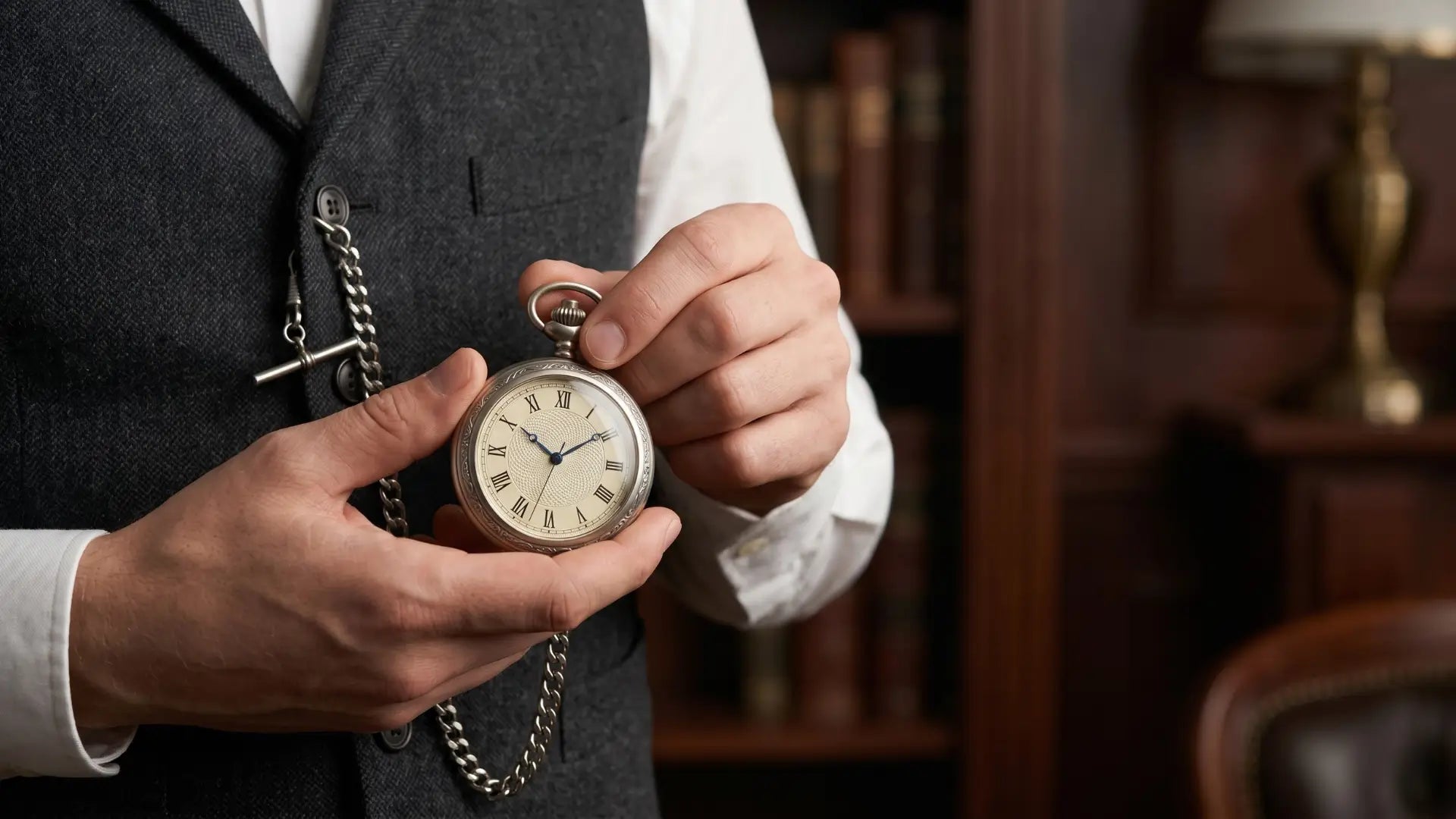 Close-up of a man's hands winding a silver pocket watch attached to a grey waistcoat by a chain, set against a classic library background.