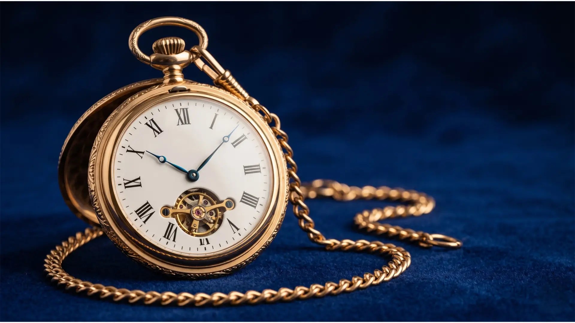 Vintage gold mechanical pocket watch with chain on deep blue velvet. Image