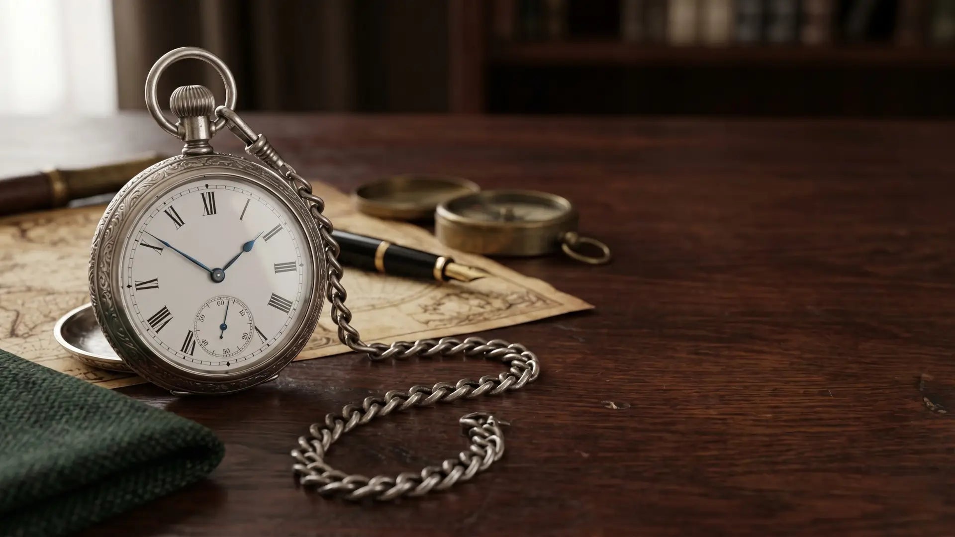 A vintage silver pocket watch on a dark wood desk next to a fountain pen, compass, and an old map. Image