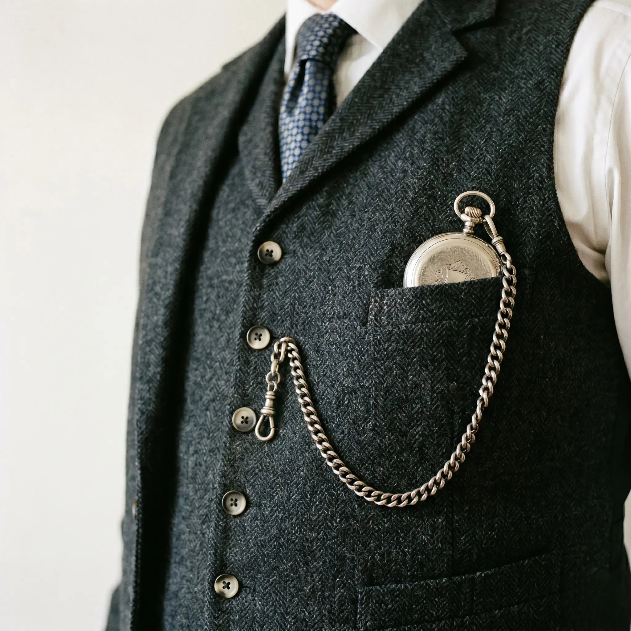 Men's silver pocket watch and Albert chain draped elegantly on a tweed suit vest. Image