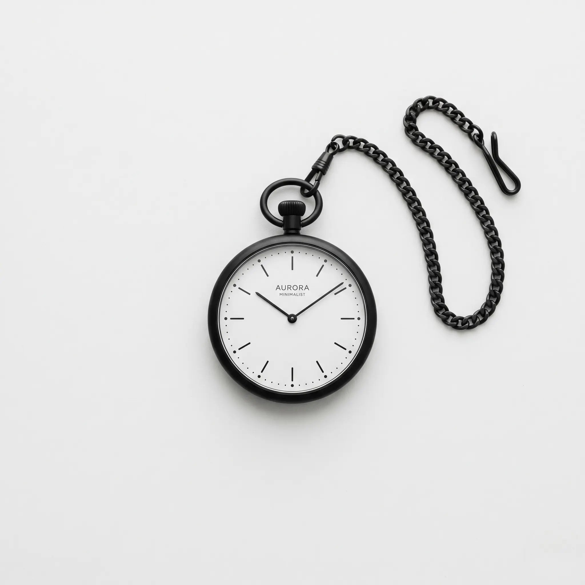 Sleek minimalist black modern pocket watch with a white dial on light grey. Image