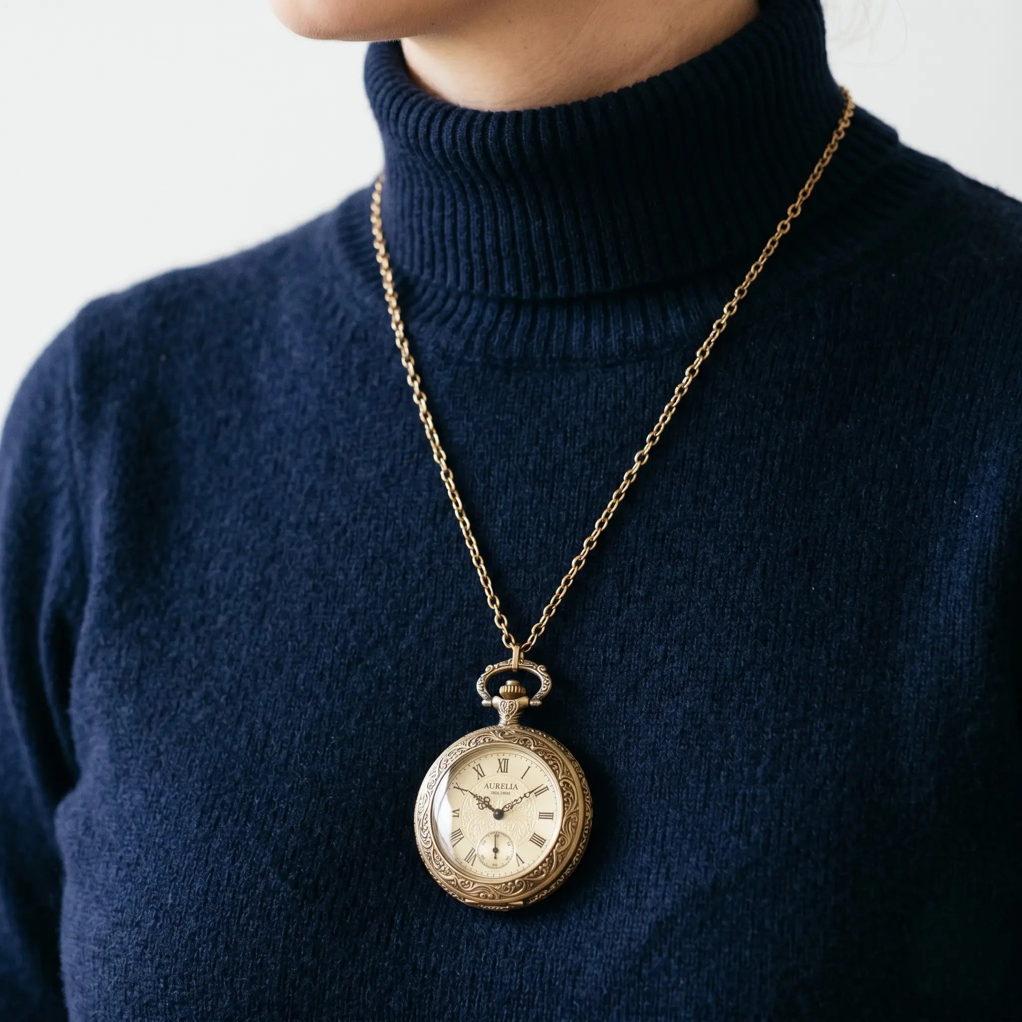 Decorative pendant watch hanging from an elegant long chain over a navy sweater. Image