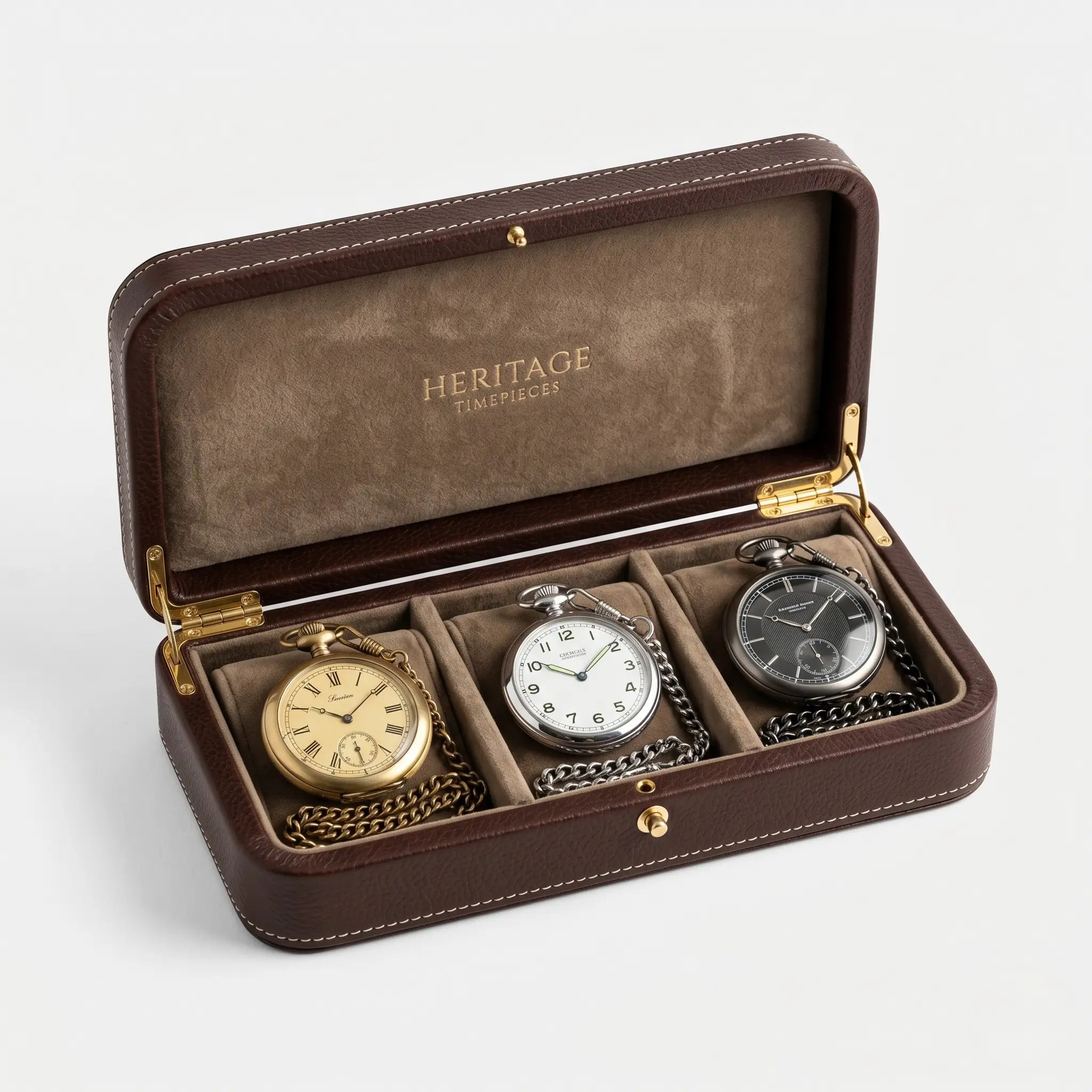 Open lined leather pocket watch case designed to display and protect three watches Image