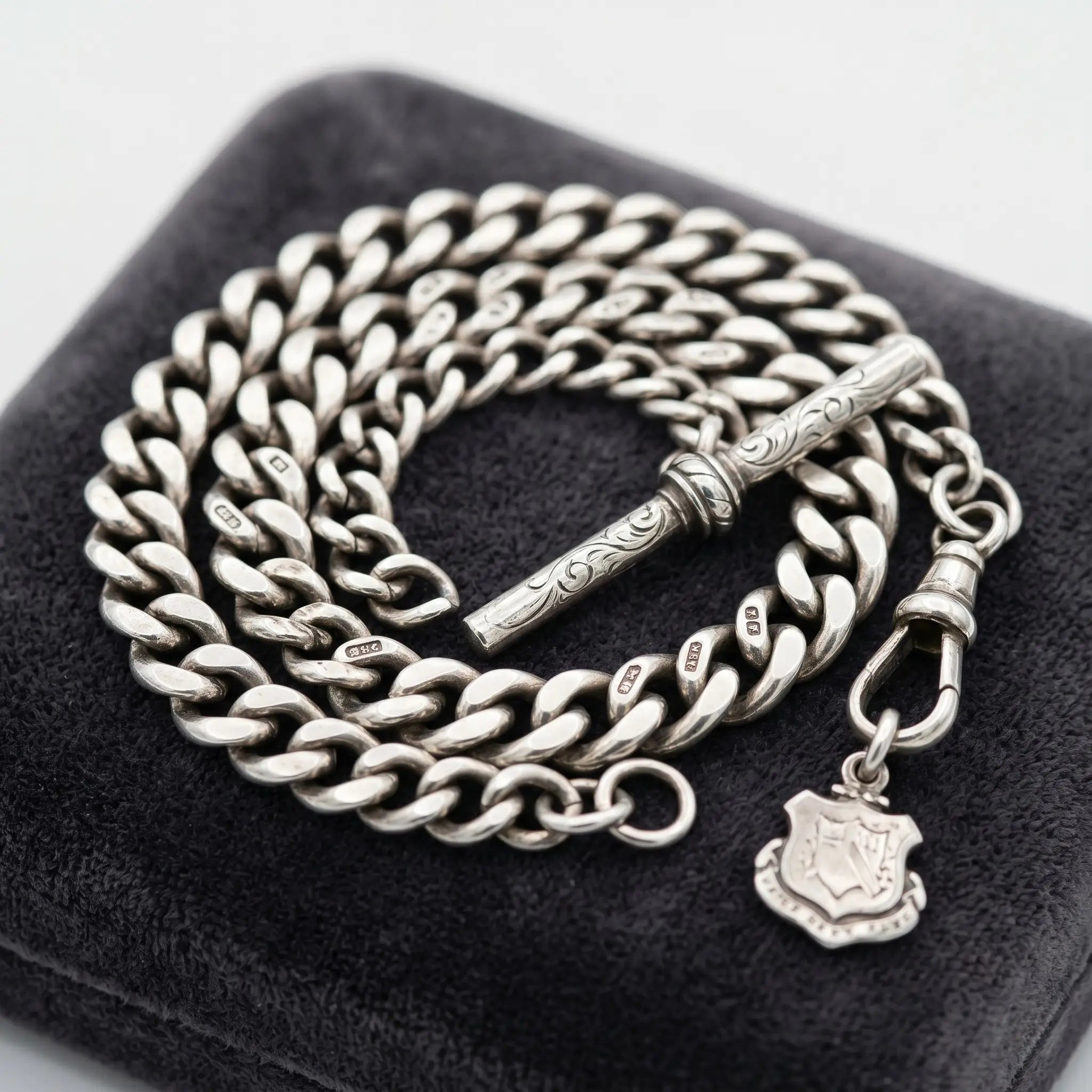Detailed silver Albert pocket watch chain coiled on a light background Image