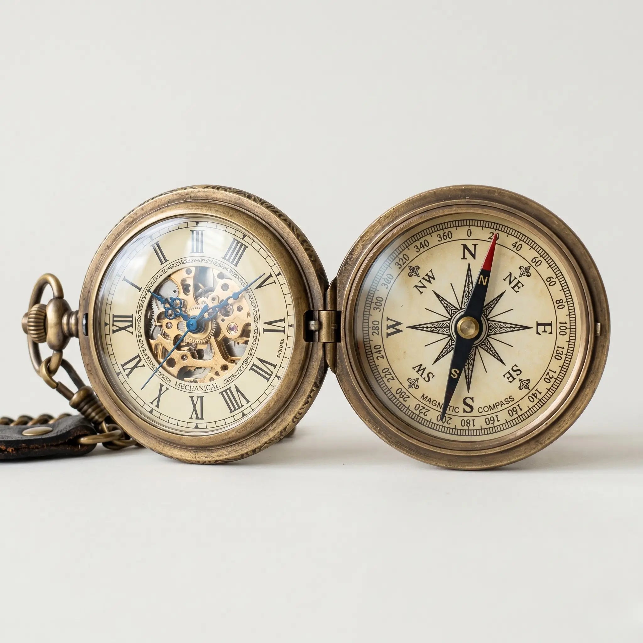 Dual-function pocket watch compass with a mechanical clock and magnetic compass Image
