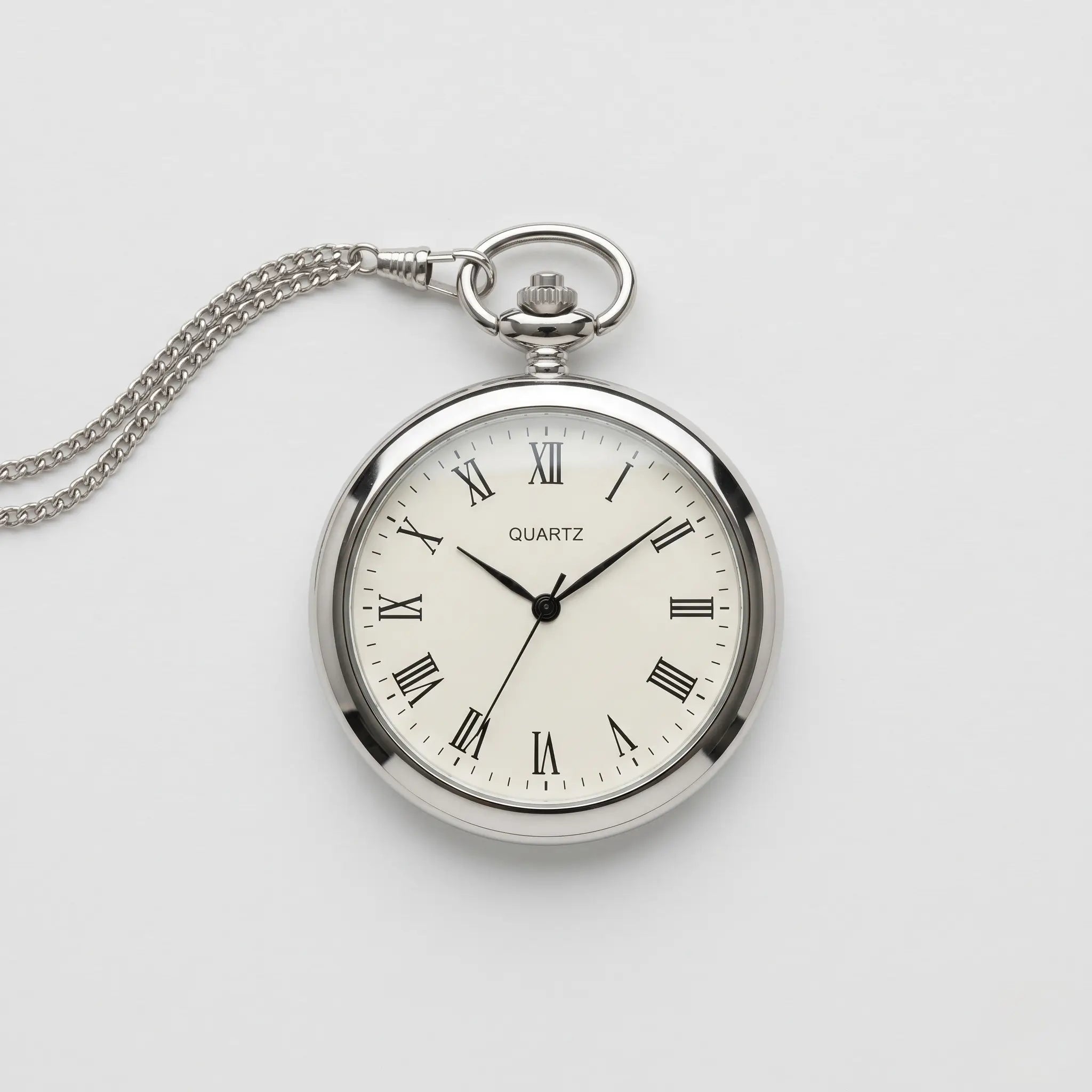 Slim stainless steel quartz pocket watch on a minimalist light grey background Image