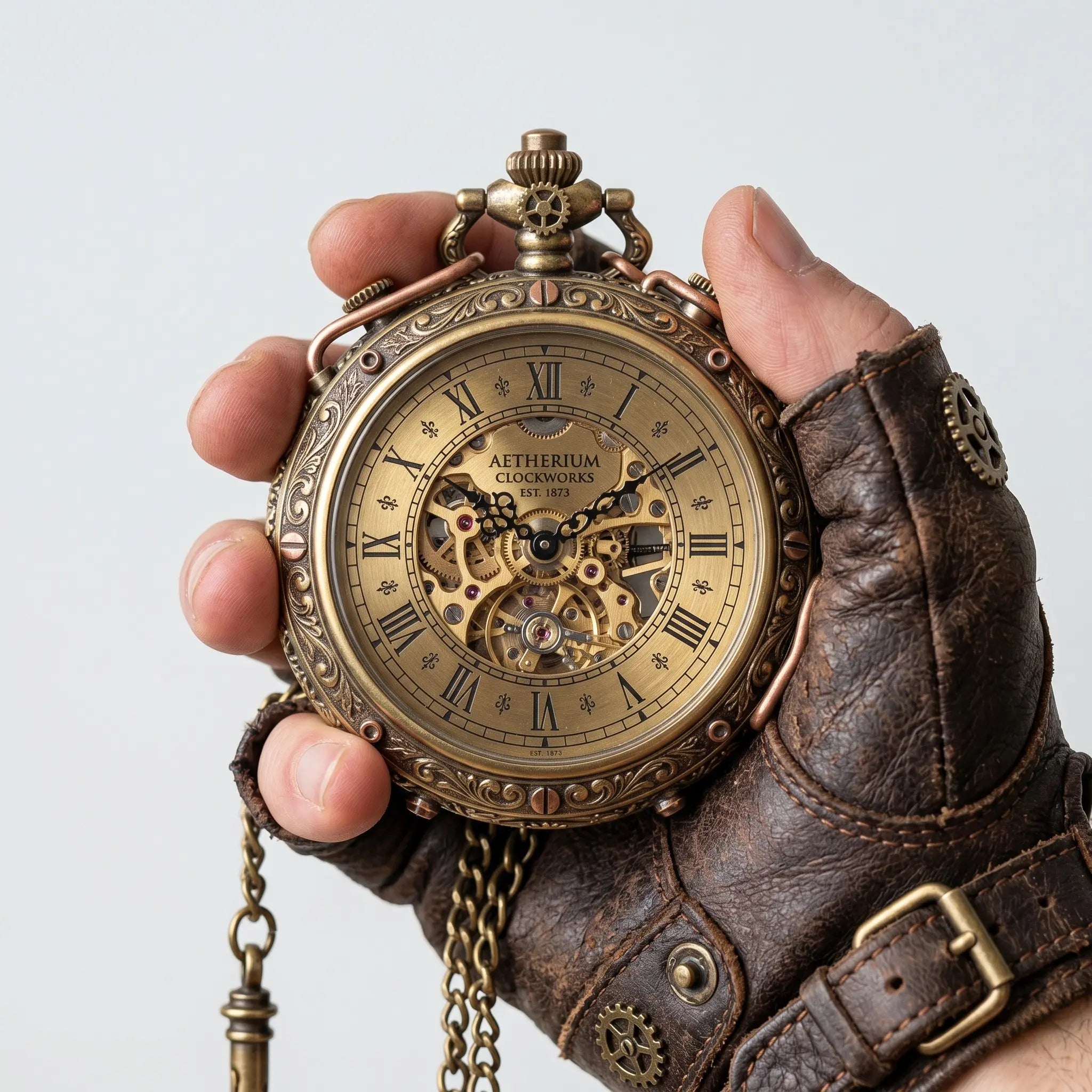 Intricate brass steampunk pocket watch with exposed gears and copper accents Image