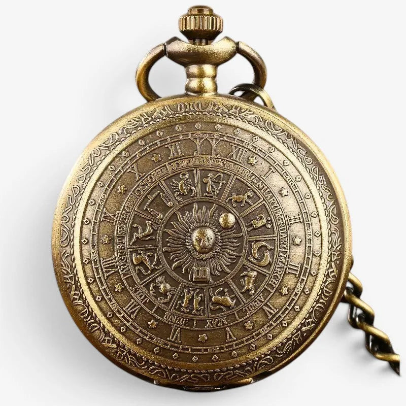 Antique brass-colored 1920s mens pocket watch with intricate zodiac and roman numeral detailing on circular face