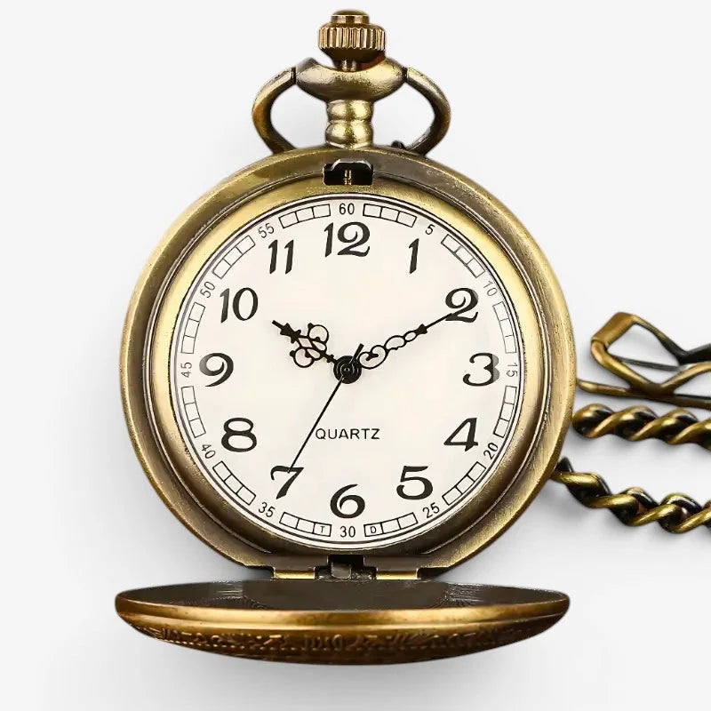 1920s mens pocket watch in antique brass finish with cream face black arabic numerals and twisted metal chain