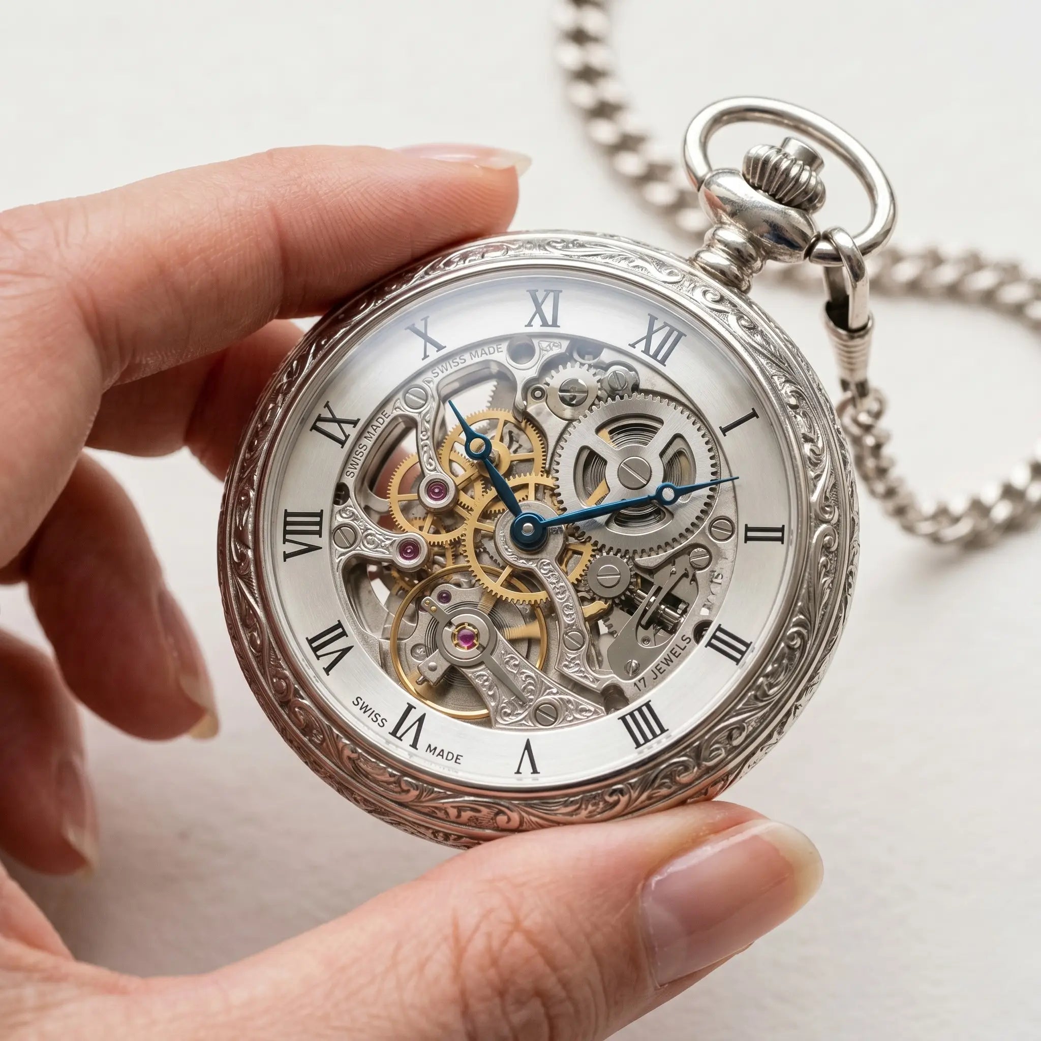 Close-up of a hand holding an ornate silver skeleton pocket watch featuring exposed mechanical gears, bright blue hands, and classic Roman numerals.