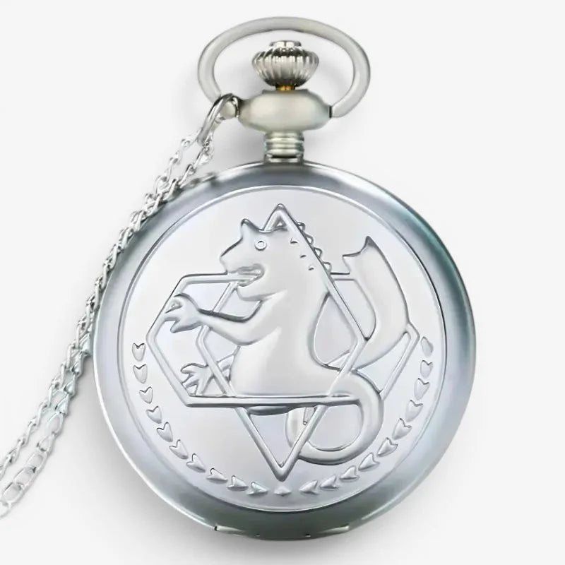 Silver alchemist pocket watch with embossed cat-like creature holding geometric shape and decorative crown knob
