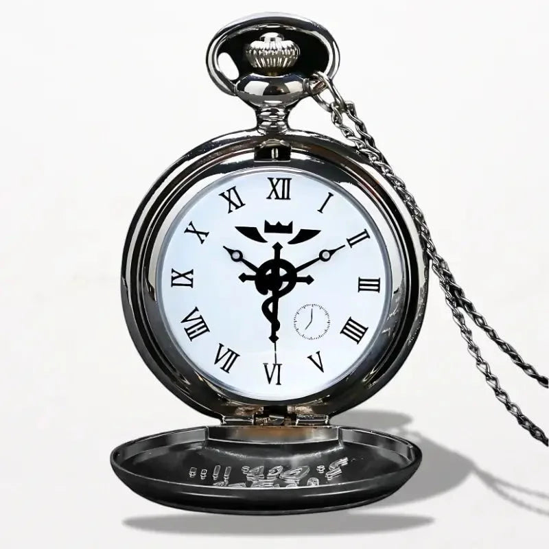 Silver-toned alchemist pocket watch with white face black roman numerals and central emblem on the front side