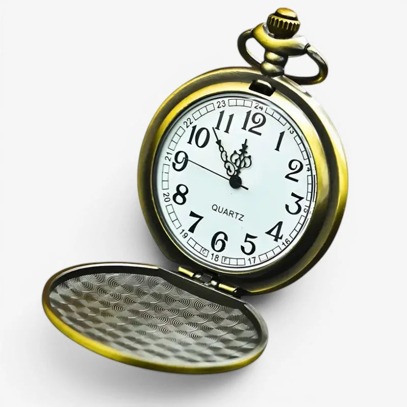 Antique bronze pocket watch with brass finish white dial black arabic numerals and ornate hands