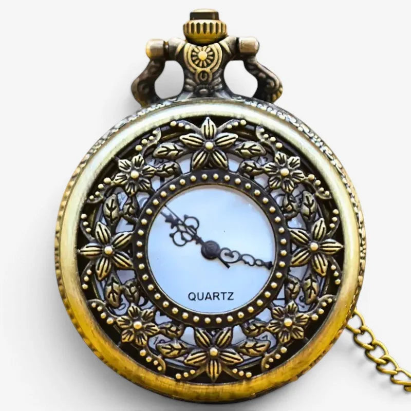 Antique flower pocket watch with brass finish intricate floral filigree design and quartz movement mechanism