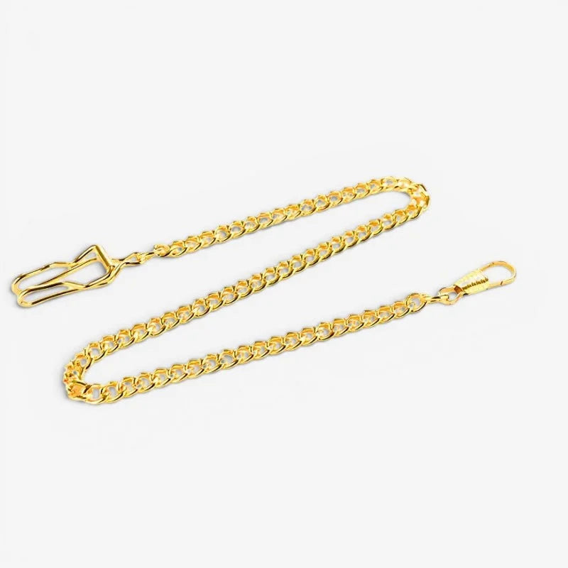 Antique gold pocket watch chain in gold-toned classic curb-link with sturdy clasp and secure snap hook