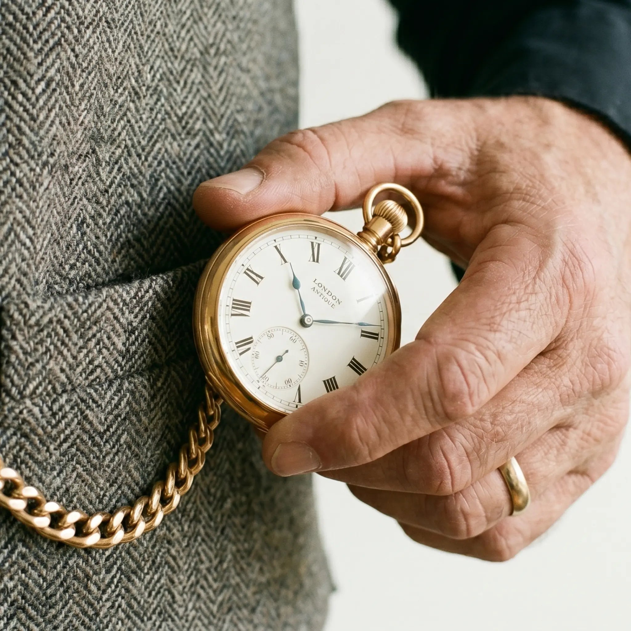 A man's hand holds a gold antique pocket watch with a white dial, Roman numerals, and blue hands against a grey tweed waistcoat. Image