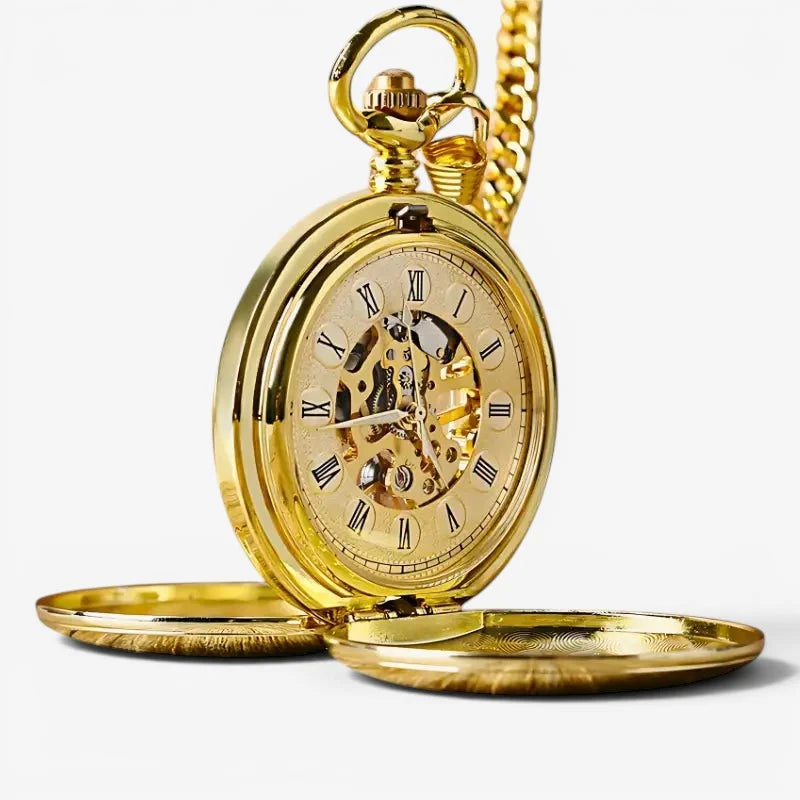 Antique gold pocket watch with golden skeleton design roman numerals and matching gold chain