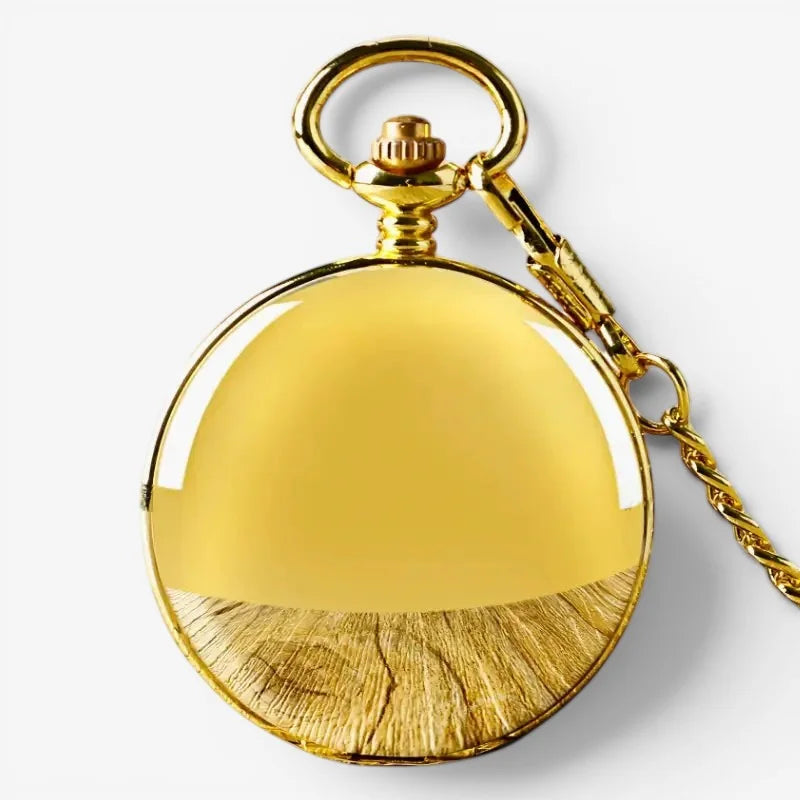 Antique gold pocket watch with polished metallic finish textured wood-grain pattern and ornate gold chain