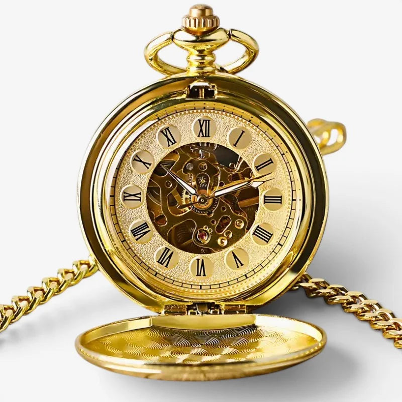 Antique gold pocket watch with roman numerals exposed mechanical gears polished brass finish and matching gold chain