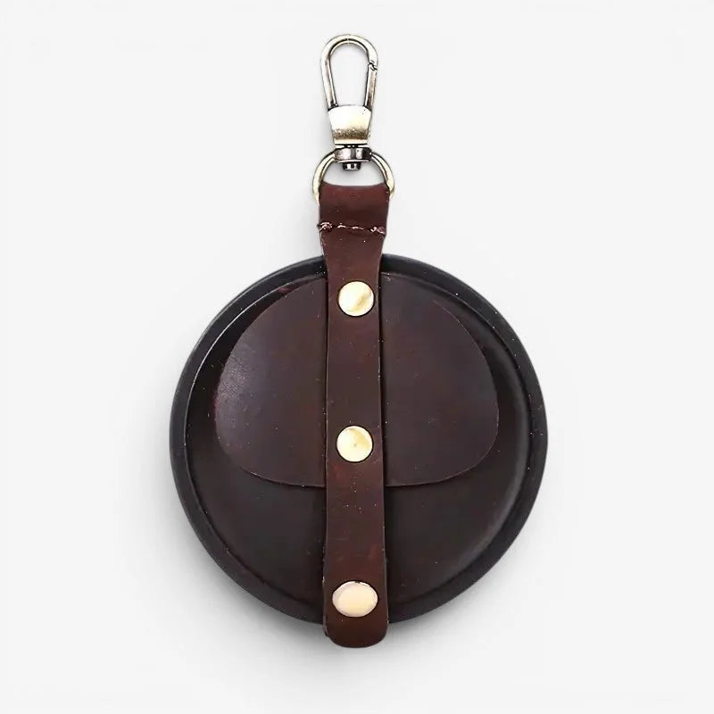 Antique pocket watch case dark brown leather circular keychain with matching strap and three light metal studs