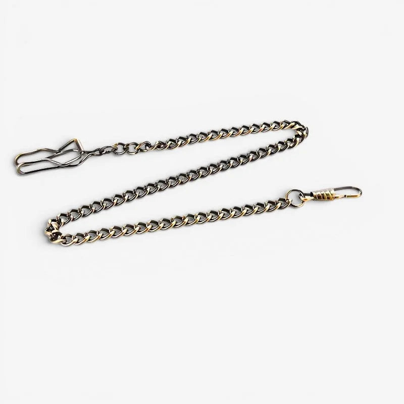 Antique pocket watch chain featuring two-tone metal with darkened finish and gold-toned hardware