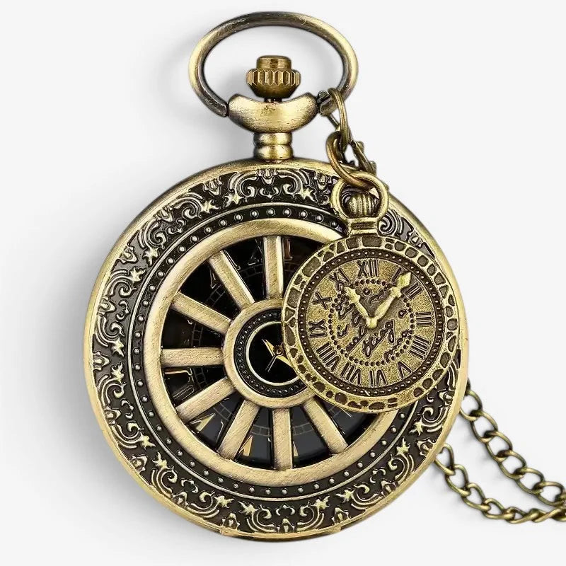 Antique quartz pocket watch with brass color, intricate scrollwork, visible gears, and roman numerals on the face