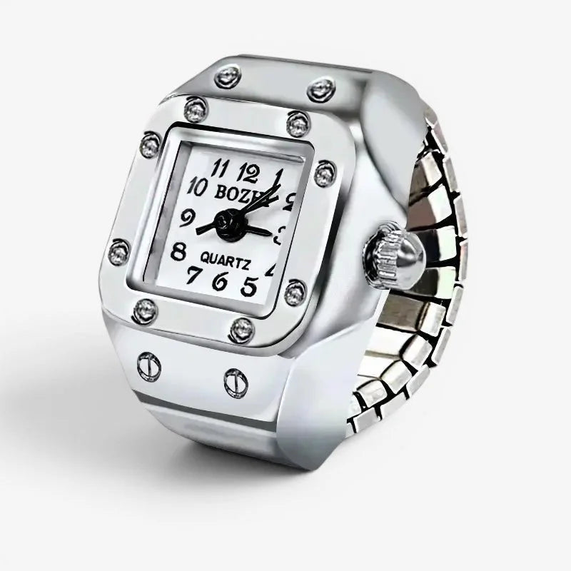 Antique ring watch silver-toned square faced quartz watch with sleek metallic band and crystal accents around dial