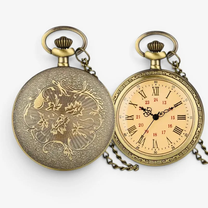 Antique roman numeral pocket watch showing the back with intricate floral engraving on brass material