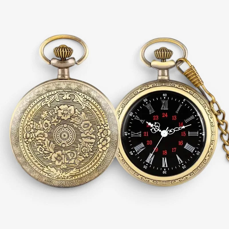 Antique roman numeral pocket watch showing intricate floral engraved brass back with black face and red hour markers