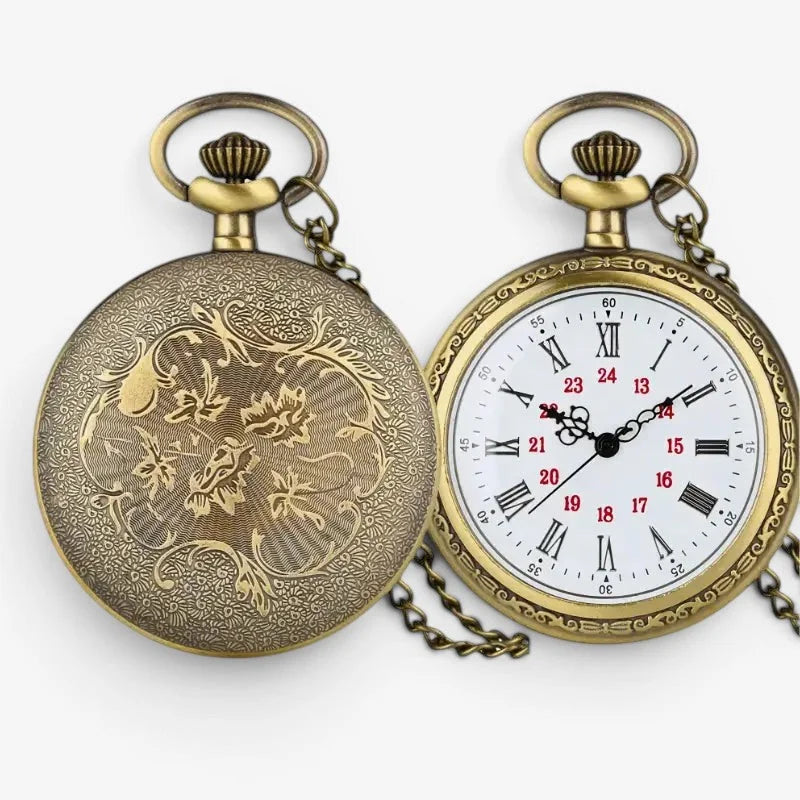 Antique roman numeral pocket watch with ornate floral engraving on the back and white face with roman numerals