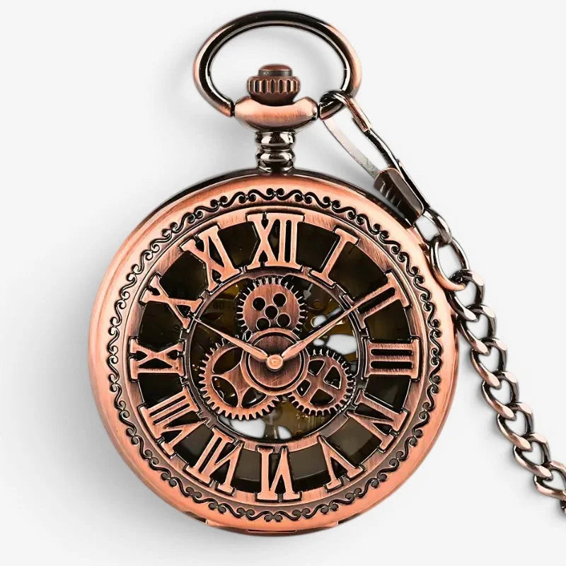 Antique rose gold pocket watch with copper-colored casing visible gears and roman numerals on the face