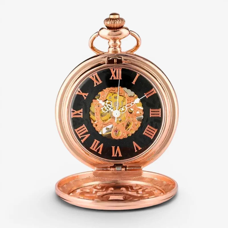 Antique rose gold skeleton pocket watch with black face and roman numerals showcasing intricate mechanical design