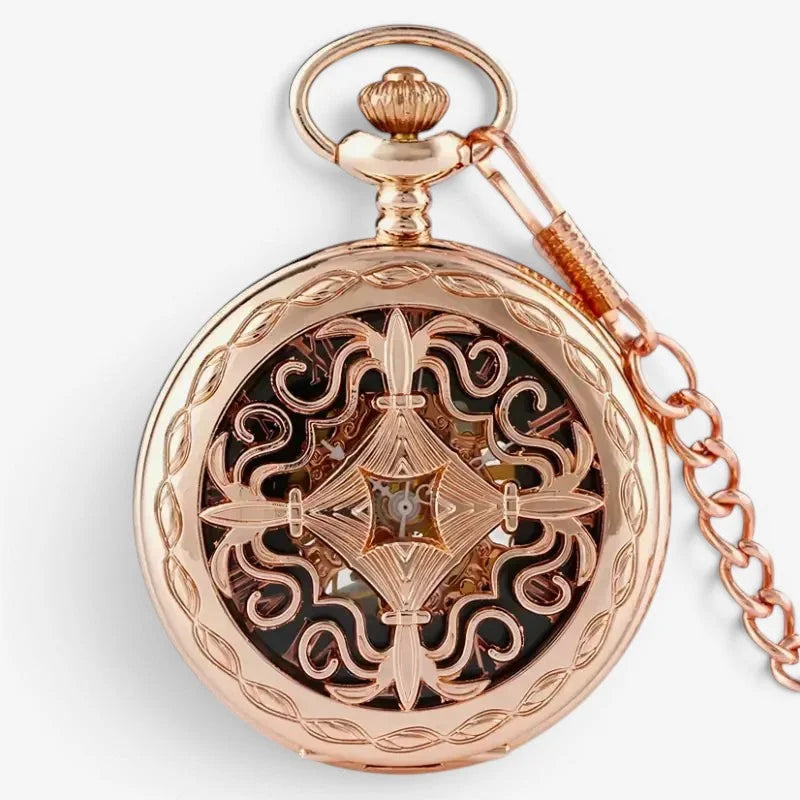 Antique rose gold skeleton pocket watch with intricate filigree design and visible mechanical gears