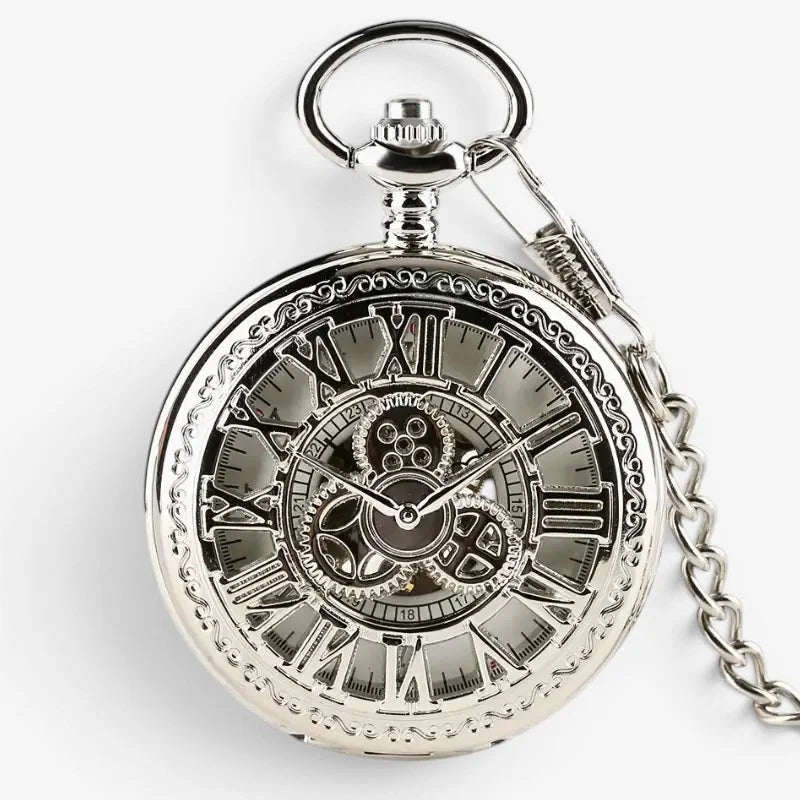 Antique silver pocket watch with a skeleton dial, roman numerals, visible gears, engraved bezel, and matching chain