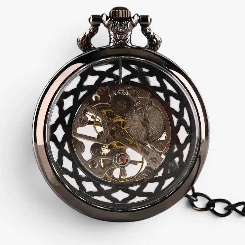 Antique skeleton pocket watch in black with visible mechanical movement and engraved crown on top