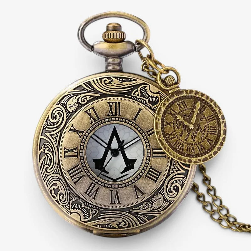 Assassins creed pocket watch in antique brass finish with intricate engravings roman numerals and logo on face