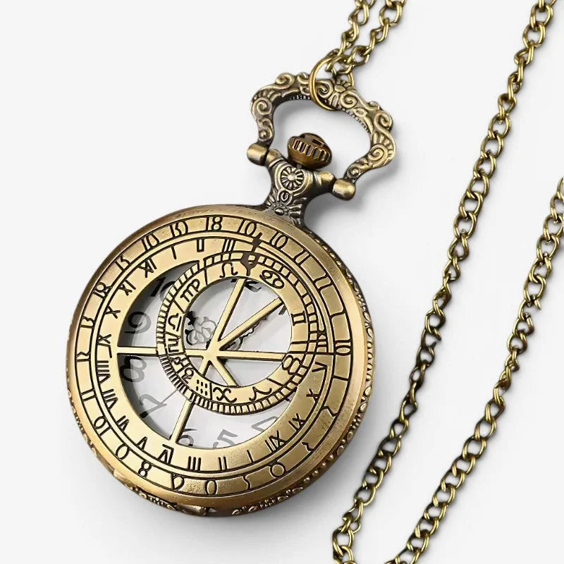Antique brass astrology pocket watch with celestial design roman numerals suspended from matching chain