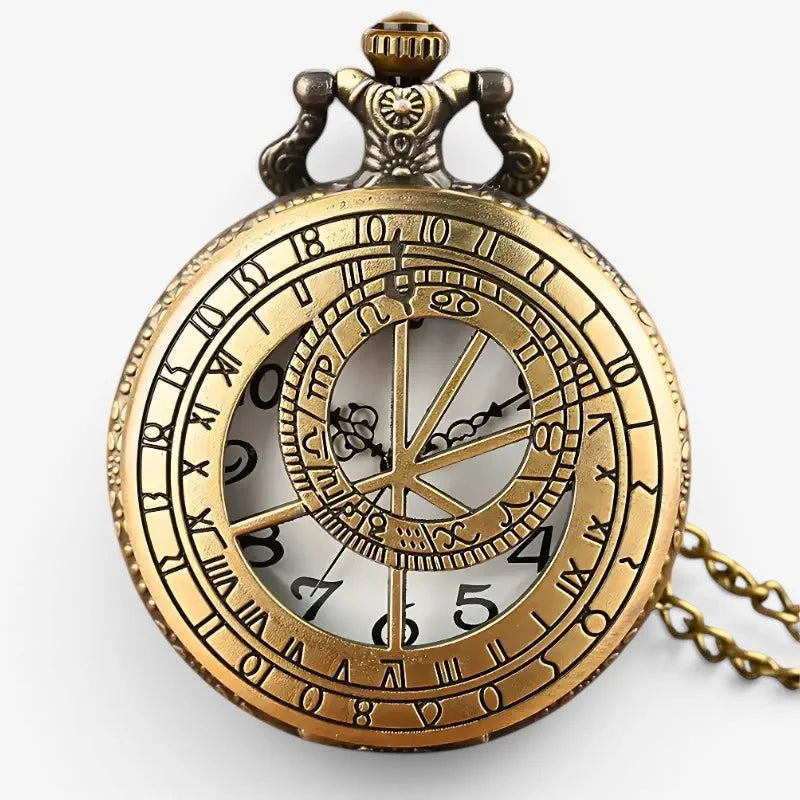Antique gold-toned astrology pocket watch with intricate roman numerals and celestial-inspired dials on a matching chain