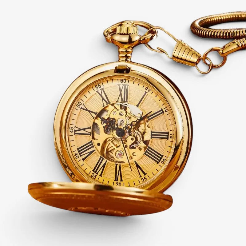 Automatic pocket watch featuring a gold skeleton design with roman numerals and visible mechanical movement on chain