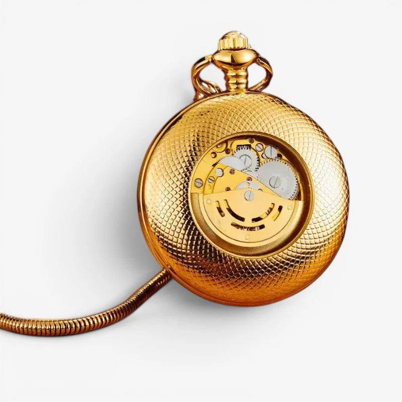 Golden automatic pocket watch with textured diamond-patterned case and exposed mechanical gears visible through open face