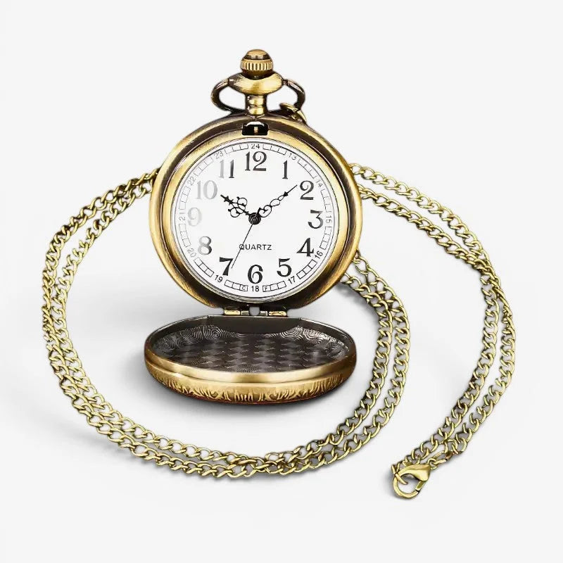 Antique gold-toned aztec pocket watch with white dial black arabic numerals hands and ornate chain